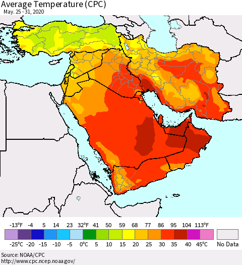 Middle East and Turkey Average Temperature (CPC) Thematic Map For 5/25/2020 - 5/31/2020