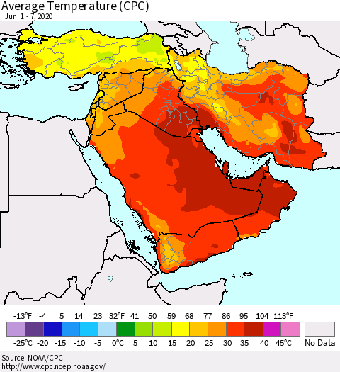 Middle East and Turkey Average Temperature (CPC) Thematic Map For 6/1/2020 - 6/7/2020