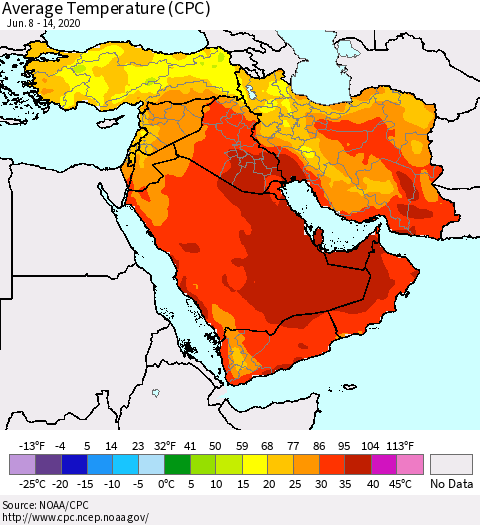 Middle East and Turkey Average Temperature (CPC) Thematic Map For 6/8/2020 - 6/14/2020