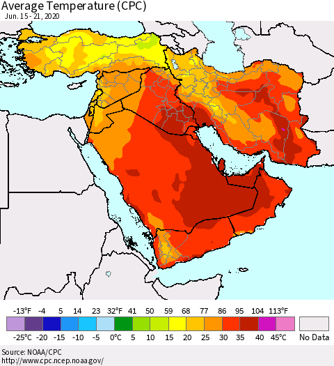 Middle East and Turkey Average Temperature (CPC) Thematic Map For 6/15/2020 - 6/21/2020