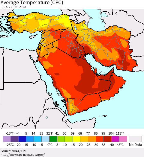 Middle East and Turkey Average Temperature (CPC) Thematic Map For 6/22/2020 - 6/28/2020