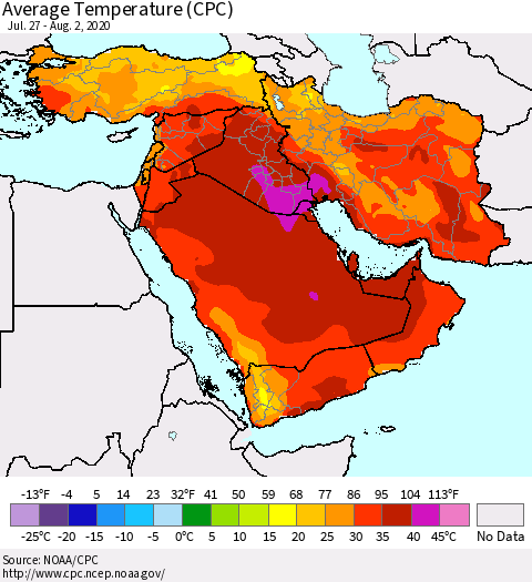 Middle East and Turkey Average Temperature (CPC) Thematic Map For 7/27/2020 - 8/2/2020