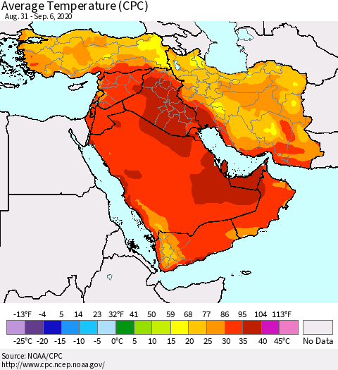 Middle East and Turkey Average Temperature (CPC) Thematic Map For 8/31/2020 - 9/6/2020