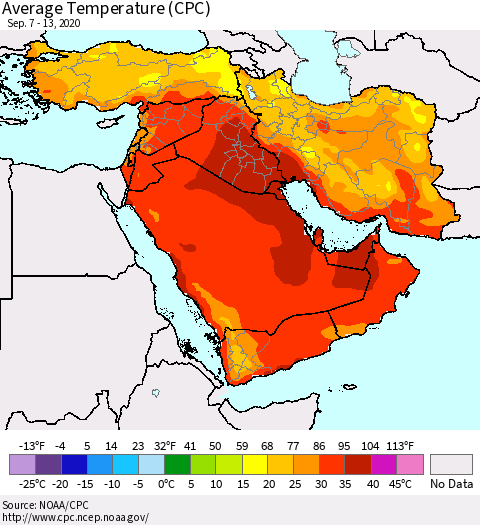 Middle East and Turkey Average Temperature (CPC) Thematic Map For 9/7/2020 - 9/13/2020