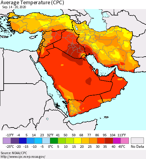 Middle East and Turkey Average Temperature (CPC) Thematic Map For 9/14/2020 - 9/20/2020