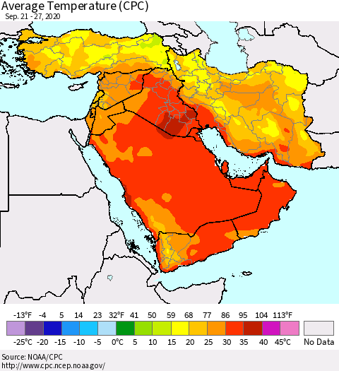 Middle East and Turkey Average Temperature (CPC) Thematic Map For 9/21/2020 - 9/27/2020