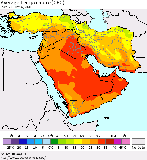 Middle East and Turkey Average Temperature (CPC) Thematic Map For 9/28/2020 - 10/4/2020