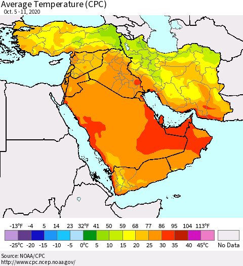 Middle East and Turkey Average Temperature (CPC) Thematic Map For 10/5/2020 - 10/11/2020