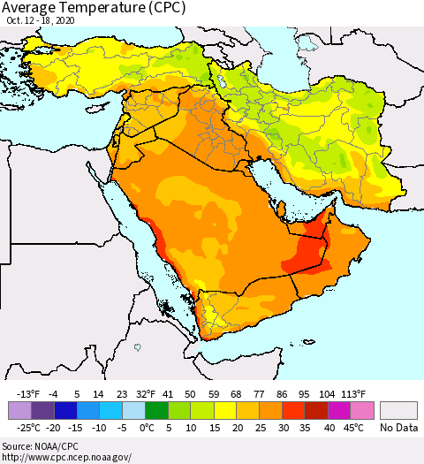 Middle East and Turkey Average Temperature (CPC) Thematic Map For 10/12/2020 - 10/18/2020
