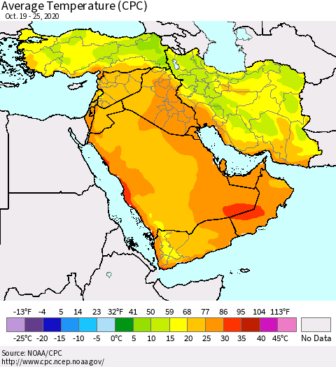 Middle East and Turkey Average Temperature (CPC) Thematic Map For 10/19/2020 - 10/25/2020