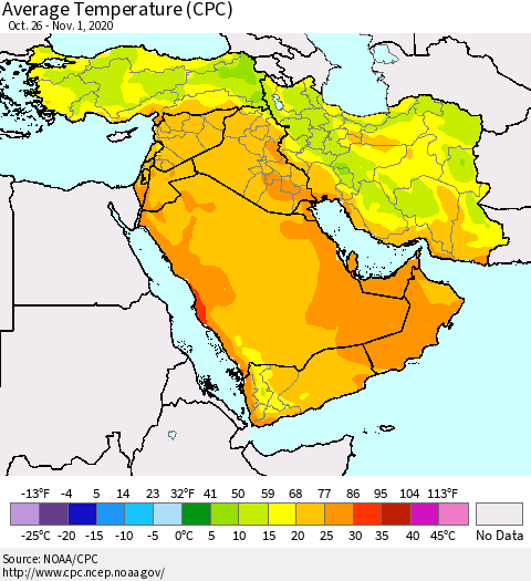 Middle East and Turkey Average Temperature (CPC) Thematic Map For 10/26/2020 - 11/1/2020