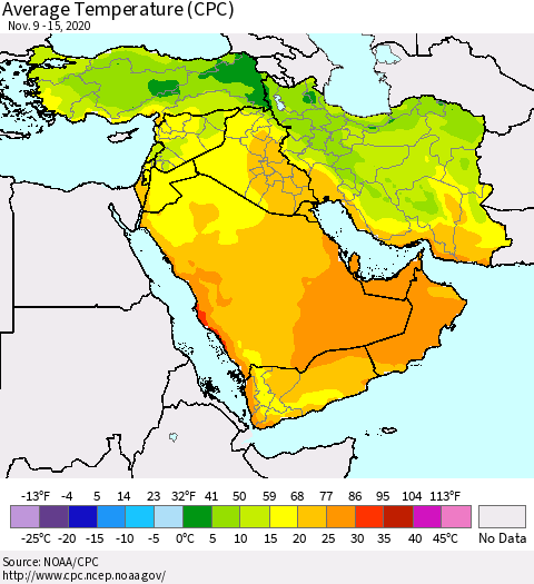 Middle East and Turkey Average Temperature (CPC) Thematic Map For 11/9/2020 - 11/15/2020
