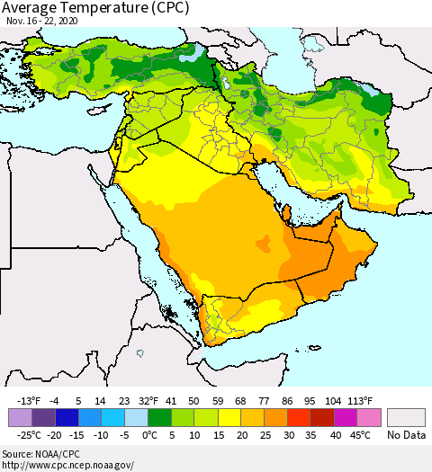 Middle East and Turkey Average Temperature (CPC) Thematic Map For 11/16/2020 - 11/22/2020
