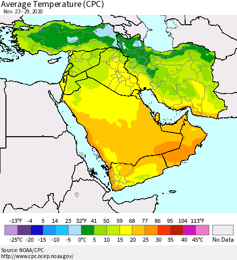 Middle East and Turkey Average Temperature (CPC) Thematic Map For 11/23/2020 - 11/29/2020