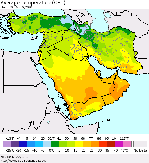 Middle East and Turkey Average Temperature (CPC) Thematic Map For 11/30/2020 - 12/6/2020