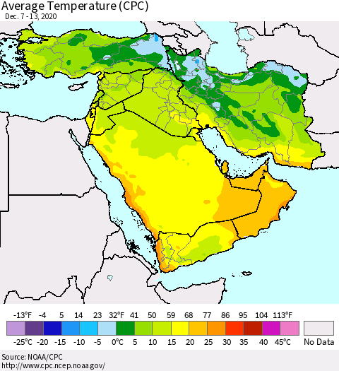 Middle East and Turkey Average Temperature (CPC) Thematic Map For 12/7/2020 - 12/13/2020