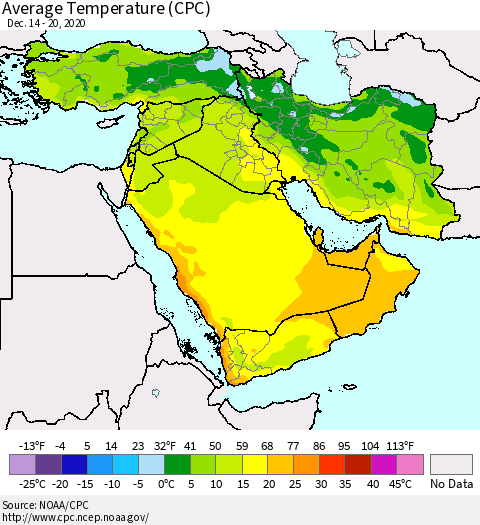 Middle East and Turkey Average Temperature (CPC) Thematic Map For 12/14/2020 - 12/20/2020
