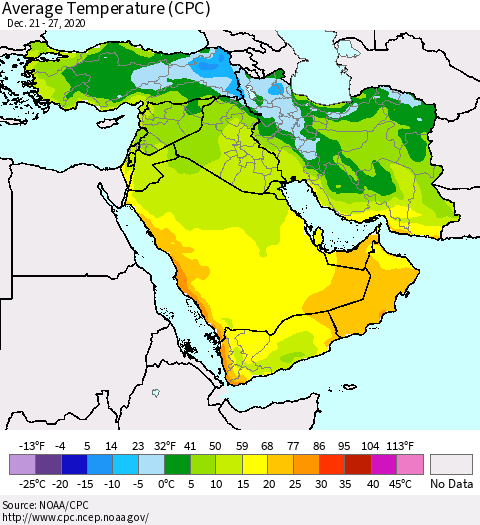 Middle East and Turkey Average Temperature (CPC) Thematic Map For 12/21/2020 - 12/27/2020
