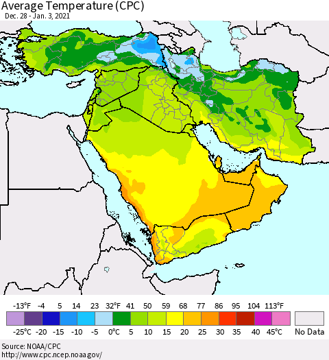 Middle East and Turkey Average Temperature (CPC) Thematic Map For 12/28/2020 - 1/3/2021