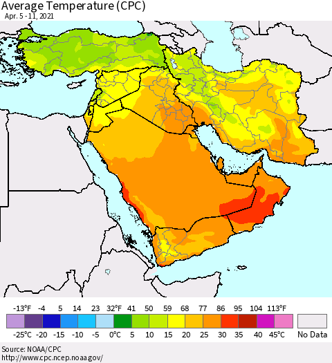Middle East and Turkey Average Temperature (CPC) Thematic Map For 4/5/2021 - 4/11/2021