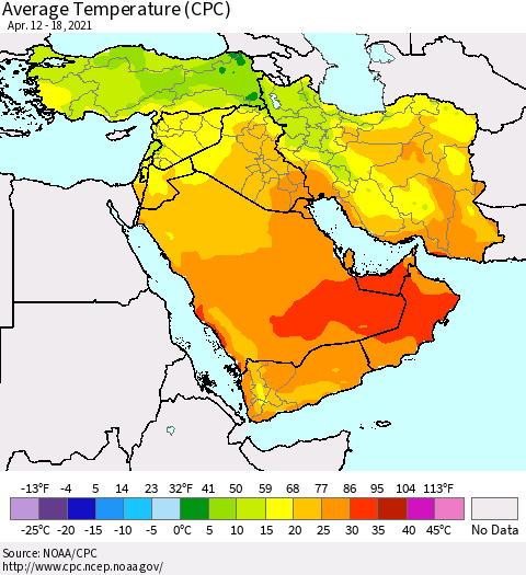 Middle East and Turkey Average Temperature (CPC) Thematic Map For 4/12/2021 - 4/18/2021