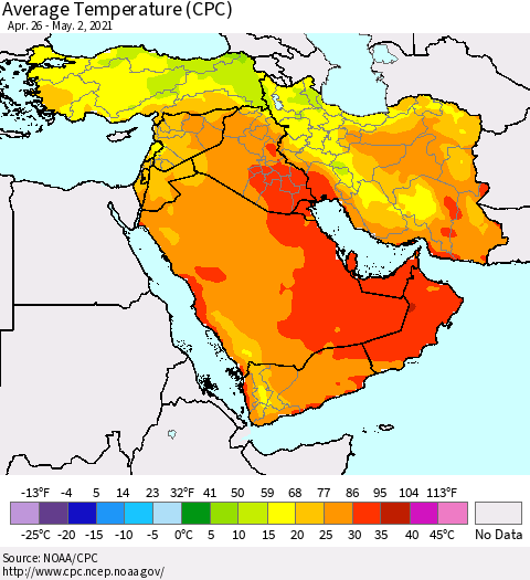 Middle East and Turkey Average Temperature (CPC) Thematic Map For 4/26/2021 - 5/2/2021