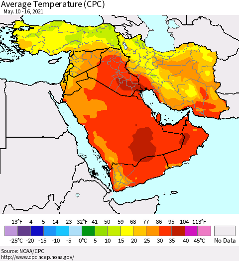Middle East and Turkey Average Temperature (CPC) Thematic Map For 5/10/2021 - 5/16/2021
