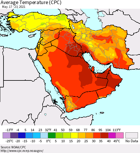 Middle East and Turkey Average Temperature (CPC) Thematic Map For 5/17/2021 - 5/23/2021