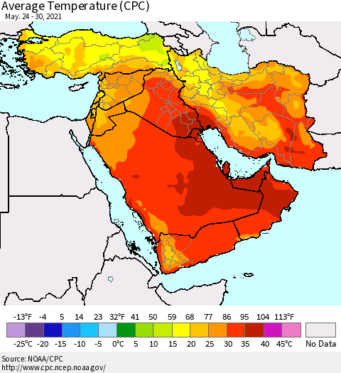 Middle East and Turkey Average Temperature (CPC) Thematic Map For 5/24/2021 - 5/30/2021