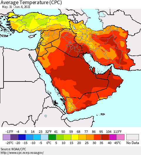 Middle East and Turkey Average Temperature (CPC) Thematic Map For 5/31/2021 - 6/6/2021