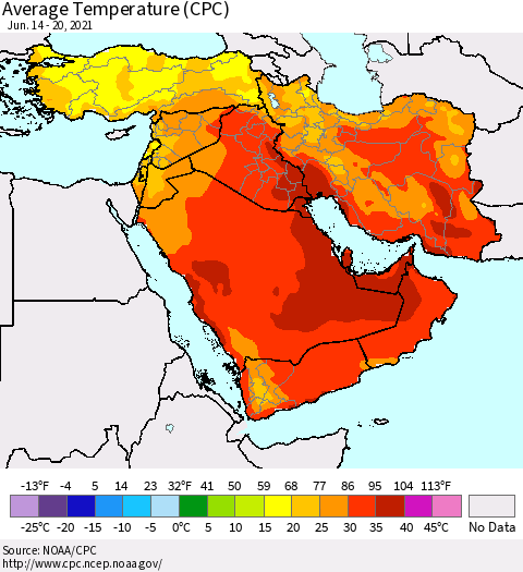 Middle East and Turkey Average Temperature (CPC) Thematic Map For 6/14/2021 - 6/20/2021