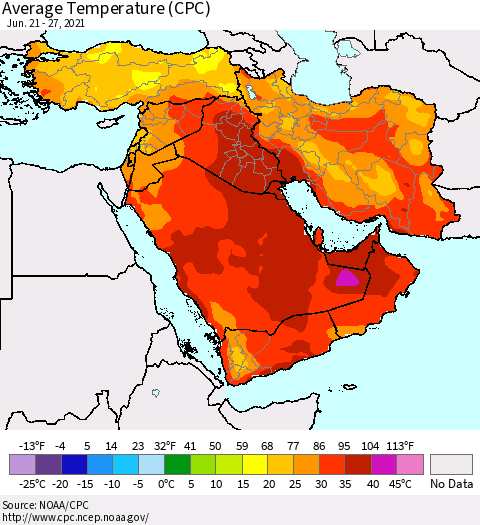 Middle East and Turkey Average Temperature (CPC) Thematic Map For 6/21/2021 - 6/27/2021