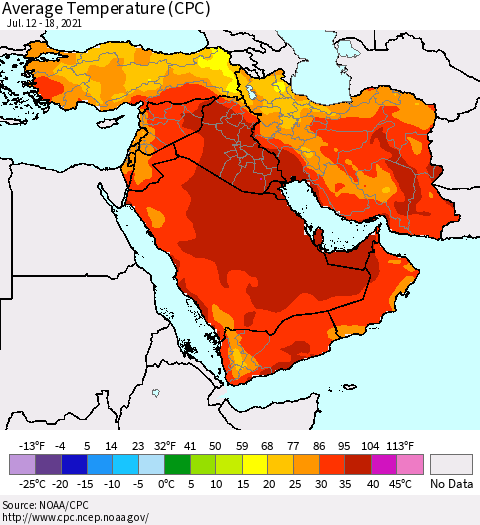 Middle East and Turkey Average Temperature (CPC) Thematic Map For 7/12/2021 - 7/18/2021