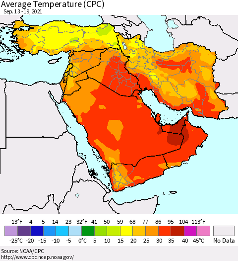 Middle East and Turkey Average Temperature (CPC) Thematic Map For 9/13/2021 - 9/19/2021