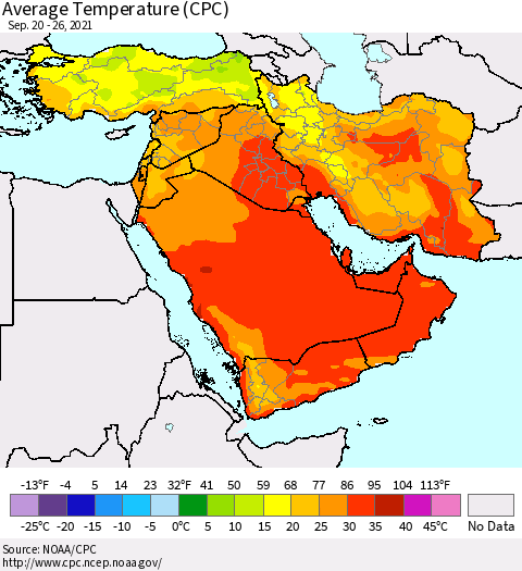 Middle East and Turkey Average Temperature (CPC) Thematic Map For 9/20/2021 - 9/26/2021