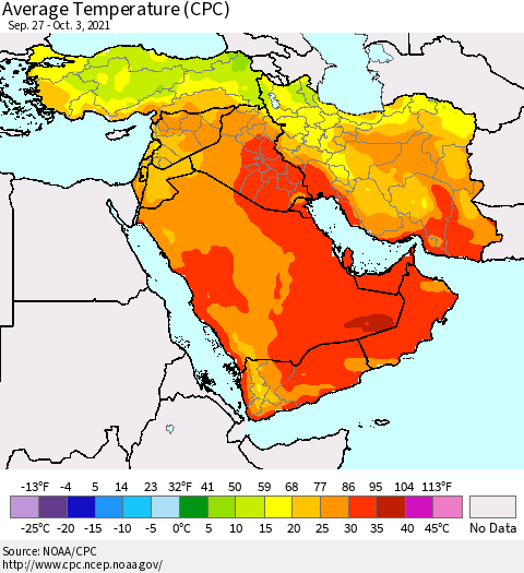 Middle East and Turkey Average Temperature (CPC) Thematic Map For 9/27/2021 - 10/3/2021