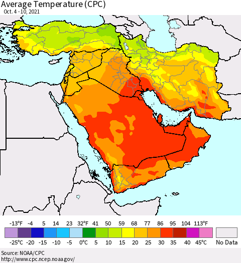 Middle East and Turkey Average Temperature (CPC) Thematic Map For 10/4/2021 - 10/10/2021