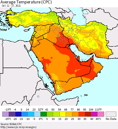 Middle East and Turkey Average Temperature (CPC) Thematic Map For 10/11/2021 - 10/17/2021