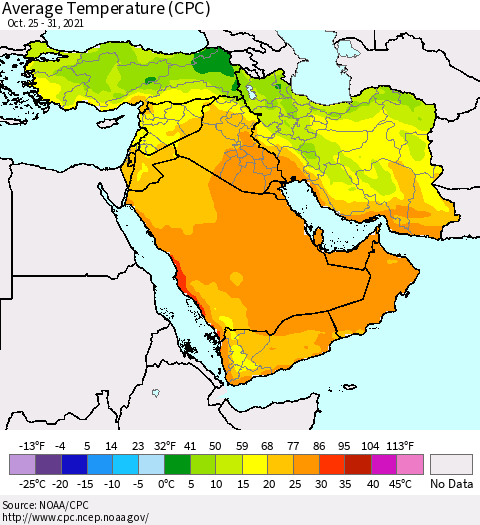 Middle East and Turkey Average Temperature (CPC) Thematic Map For 10/25/2021 - 10/31/2021