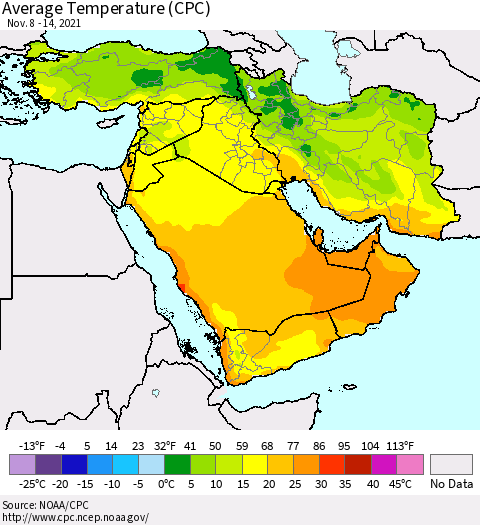 Middle East and Turkey Average Temperature (CPC) Thematic Map For 11/8/2021 - 11/14/2021