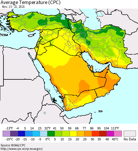 Middle East and Turkey Average Temperature (CPC) Thematic Map For 11/15/2021 - 11/21/2021