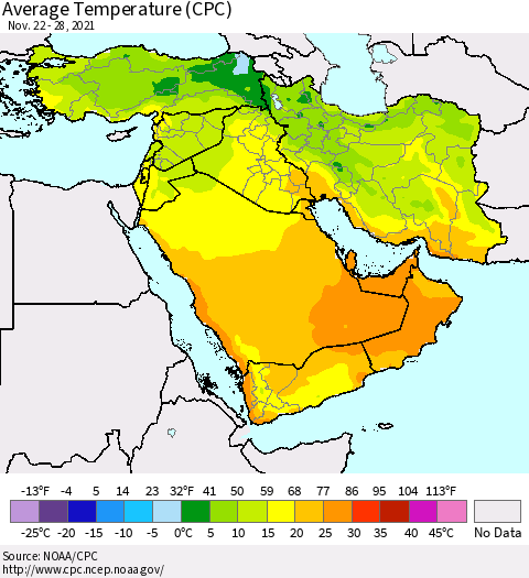 Middle East and Turkey Average Temperature (CPC) Thematic Map For 11/22/2021 - 11/28/2021