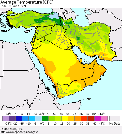 Middle East and Turkey Average Temperature (CPC) Thematic Map For 11/29/2021 - 12/5/2021