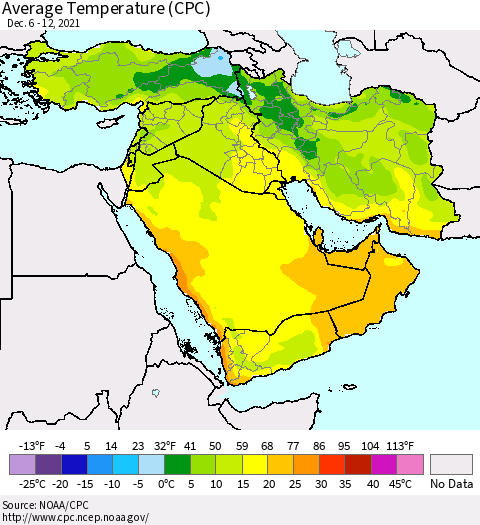 Middle East and Turkey Average Temperature (CPC) Thematic Map For 12/6/2021 - 12/12/2021
