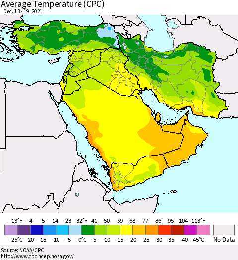 Middle East and Turkey Average Temperature (CPC) Thematic Map For 12/13/2021 - 12/19/2021