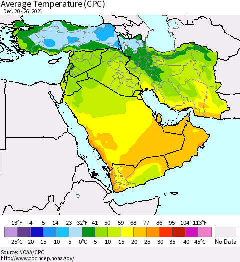 Middle East and Turkey Average Temperature (CPC) Thematic Map For 12/20/2021 - 12/26/2021
