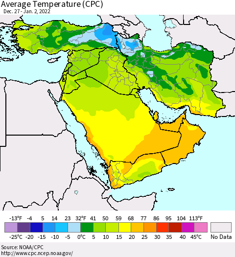 Middle East and Turkey Average Temperature (CPC) Thematic Map For 12/27/2021 - 1/2/2022