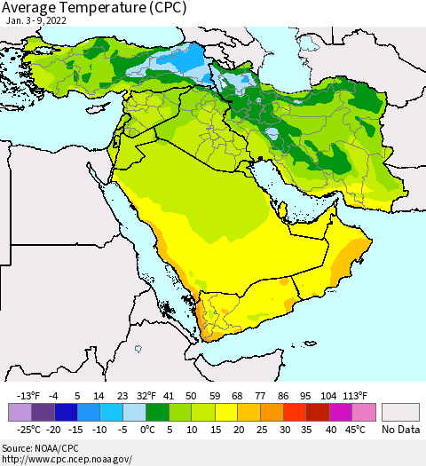 Middle East and Turkey Average Temperature (CPC) Thematic Map For 1/3/2022 - 1/9/2022