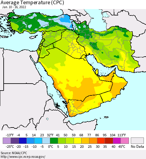Middle East and Turkey Average Temperature (CPC) Thematic Map For 1/10/2022 - 1/16/2022