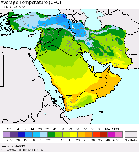 Middle East and Turkey Average Temperature (CPC) Thematic Map For 1/17/2022 - 1/23/2022